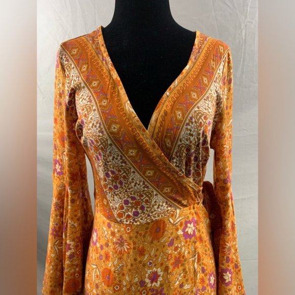 Boho Floral Print Bell Sleeve Tie Front Wrap Dress - Picture 13 of 13